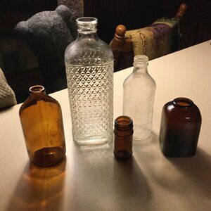 Five Vintage Bottles , 1929 Sanford Ink, 1969 Pepsi, 3 Brown  Medicine Bottles